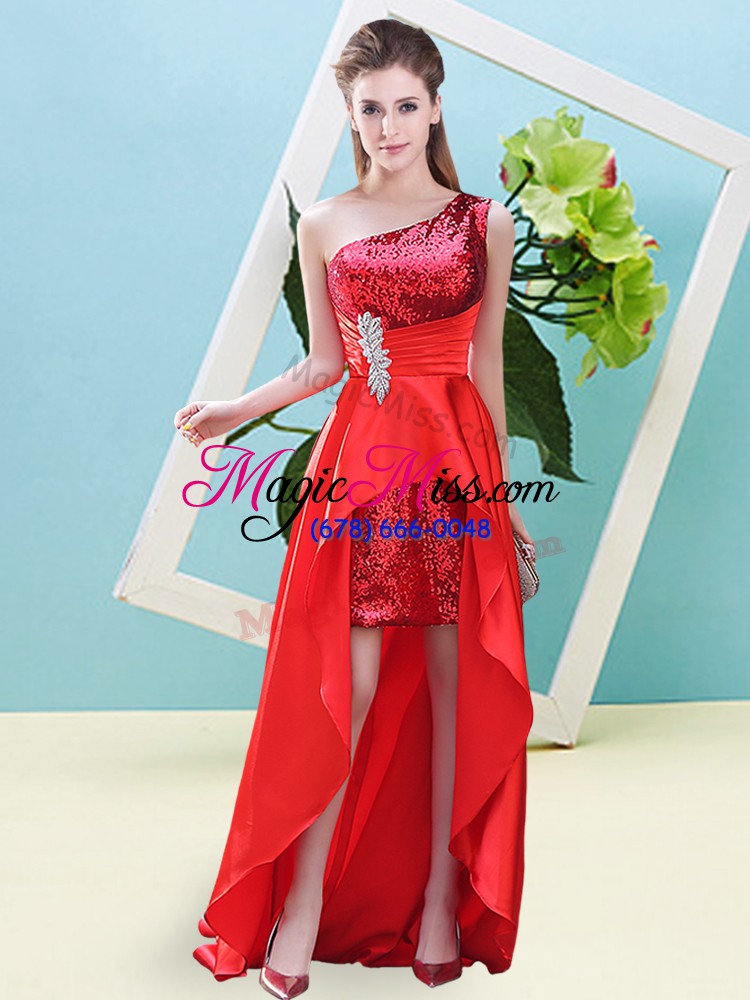 wholesale red one shoulder neckline beading and sequins prom evening gown sleeveless lace up