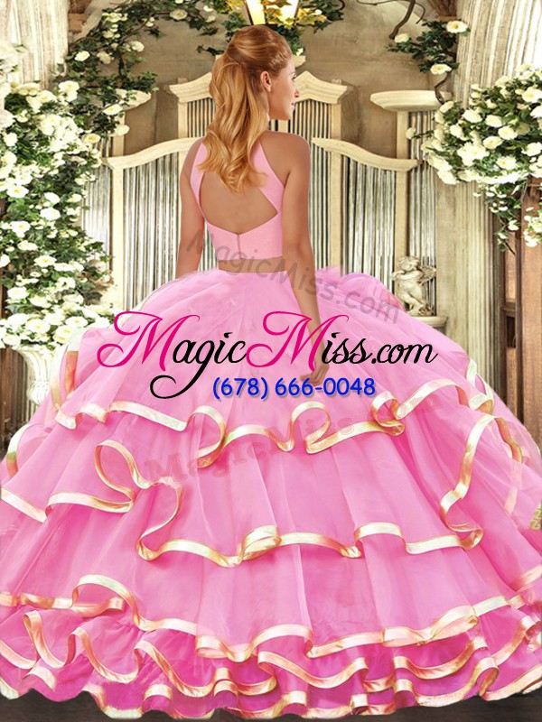 wholesale trendy halter top sleeveless organza quinceanera dress beading and ruffled layers backless