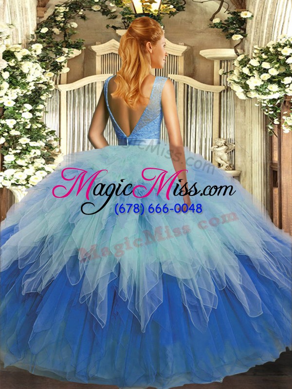 wholesale hot selling multi-color ball gowns scoop sleeveless organza floor length backless ruffles sweet 16 dress