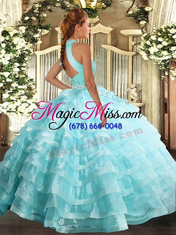 wholesale beautiful aqua blue organza backless halter top sleeveless floor length quinceanera gown beading and ruffled layers