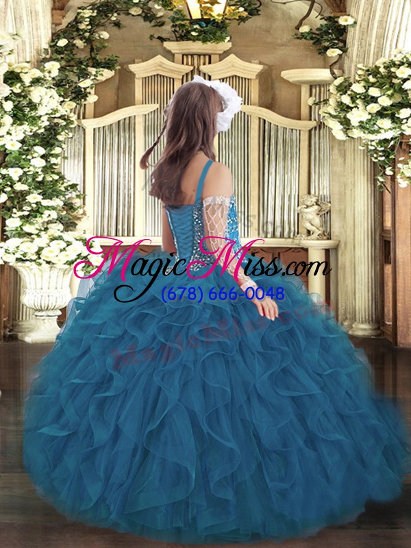 wholesale affordable teal lace up little girls pageant gowns beading and ruffles sleeveless floor length