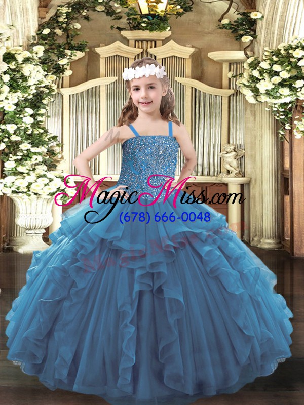 wholesale hot selling teal lace up straps beading and ruffles pageant dress tulle sleeveless