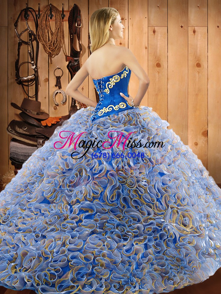 wholesale multi-color sleeveless satin and fabric with rolling flowers sweep train lace up sweet 16 dress for military ball and sweet 16 and quinceanera