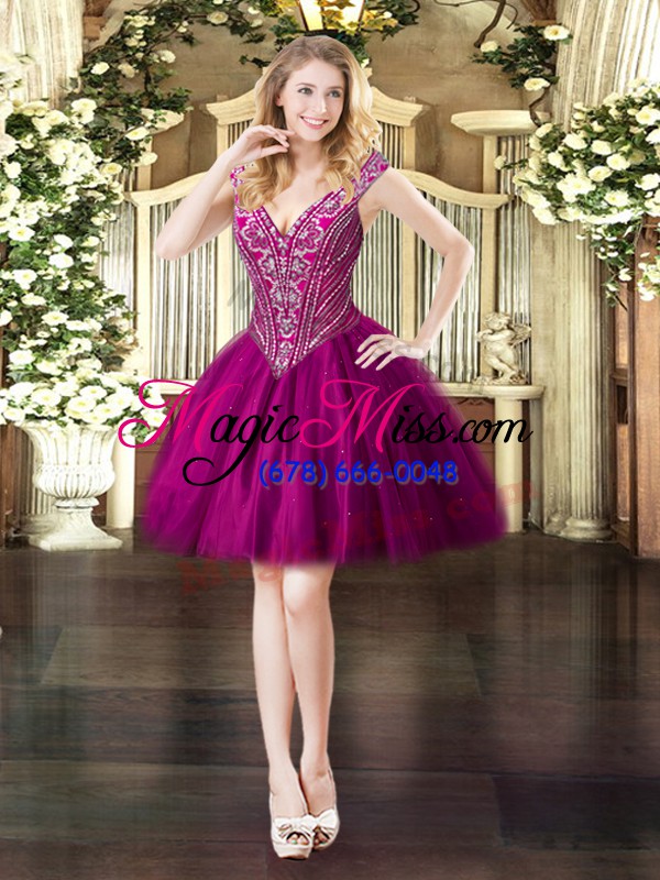 wholesale sophisticated fuchsia two pieces v-neck sleeveless tulle floor length lace up beading sweet 16 dress