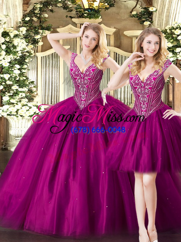wholesale sophisticated fuchsia two pieces v-neck sleeveless tulle floor length lace up beading sweet 16 dress