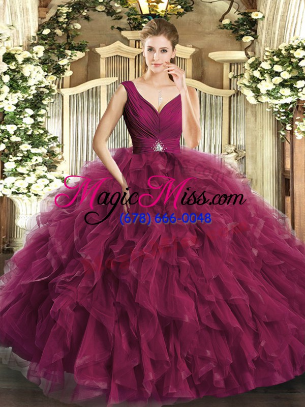 wholesale affordable beading and ruffles ball gown prom dress fuchsia backless sleeveless floor length