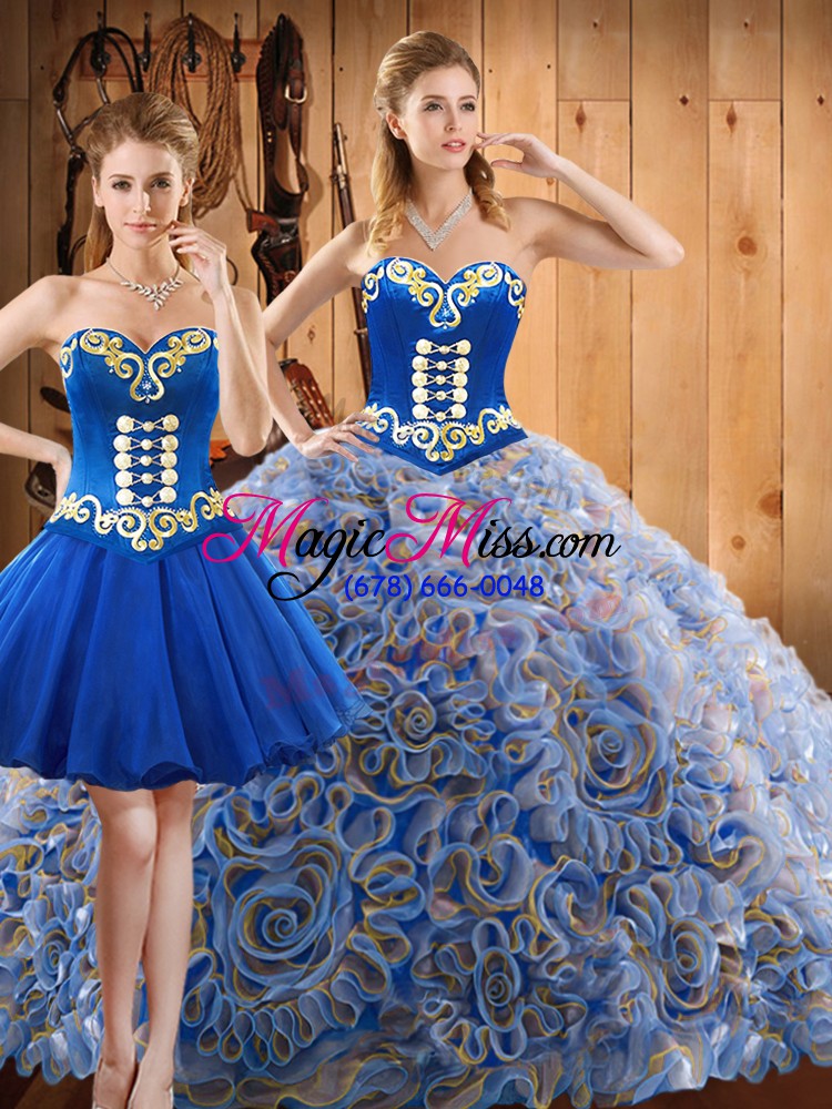 wholesale sweetheart sleeveless sweet 16 dress with train sweep train embroidery multi-color satin and fabric with rolling flowers