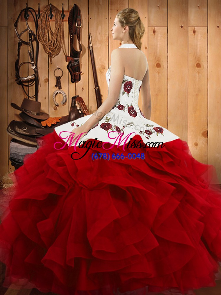wholesale floor length fuchsia quinceanera gowns tulle sleeveless embroidery and ruffles