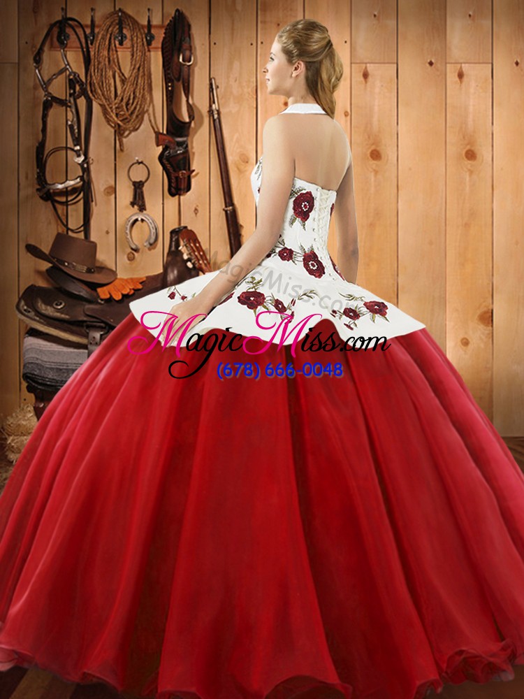 wholesale lovely hot pink satin and tulle lace up halter top sleeveless floor length quince ball gowns embroidery