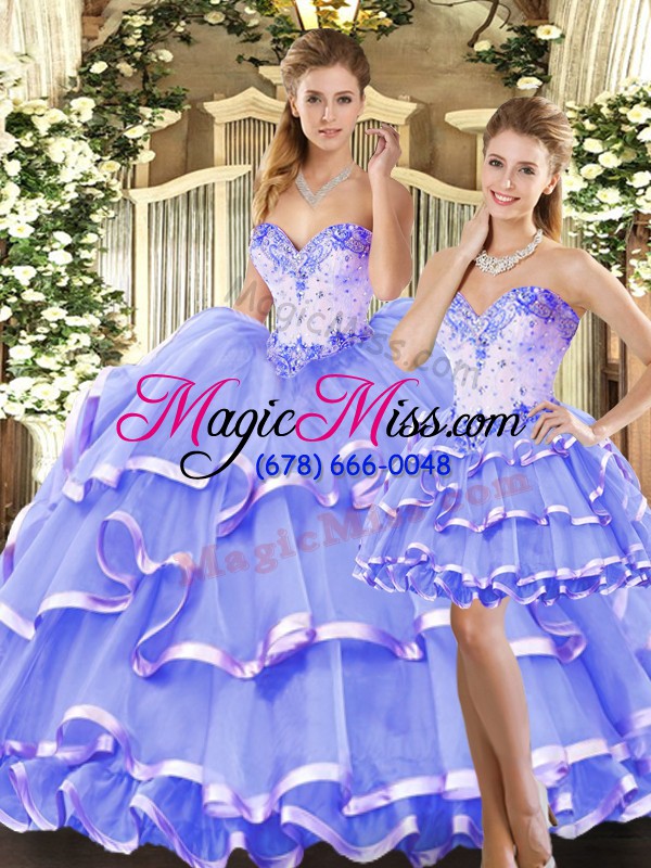 wholesale artistic lavender sweetheart lace up beading and ruffled layers quince ball gowns sleeveless
