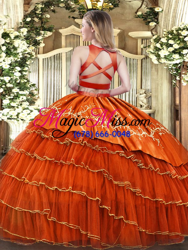 wholesale fine orange red tulle criss cross ball gown prom dress sleeveless floor length embroidery and ruffled layers