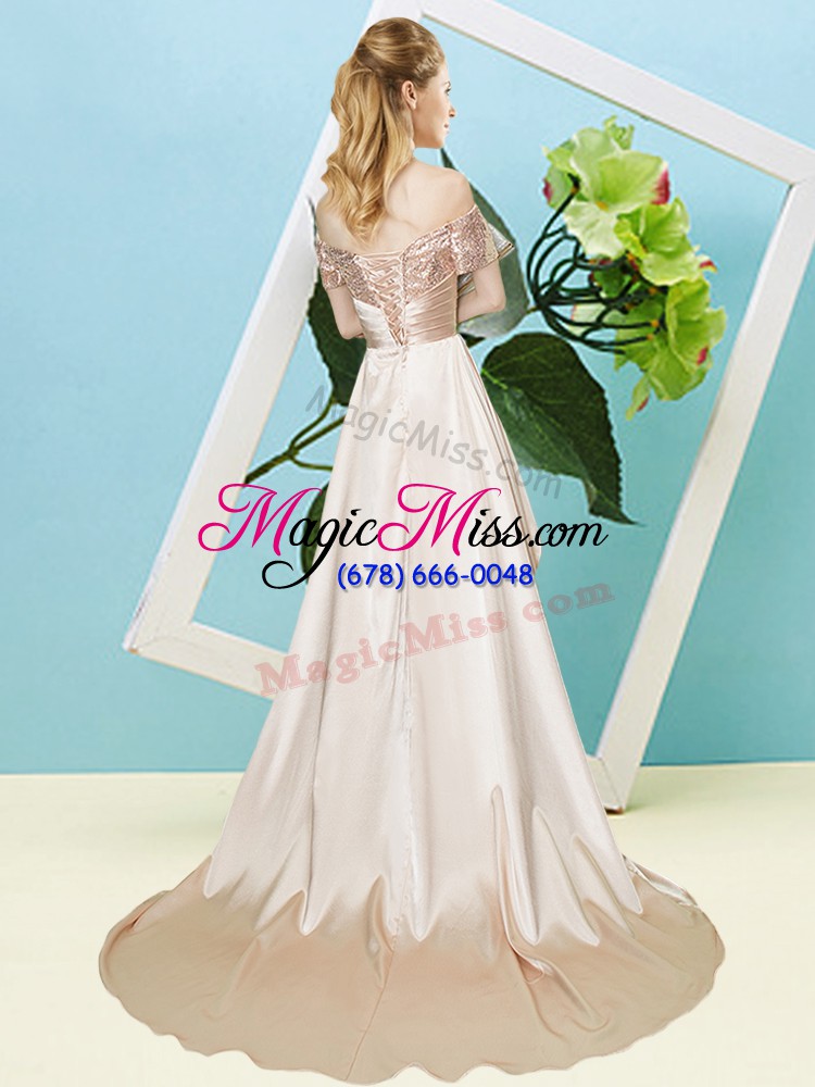 wholesale modest light blue empire elastic woven satin and sequined off the shoulder short sleeves sequins high low lace up prom gown