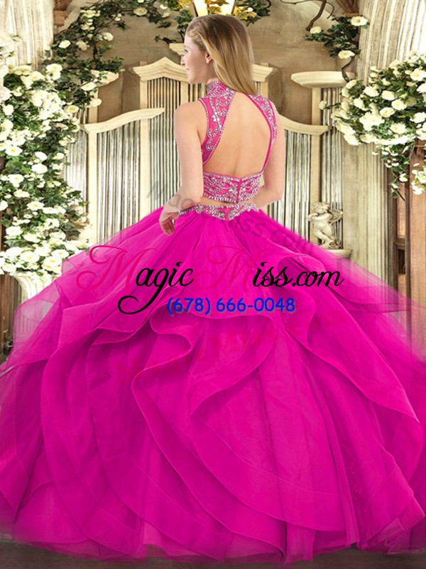 wholesale floor length backless quinceanera dresses fuchsia for military ball and sweet 16 and quinceanera with beading and ruffles