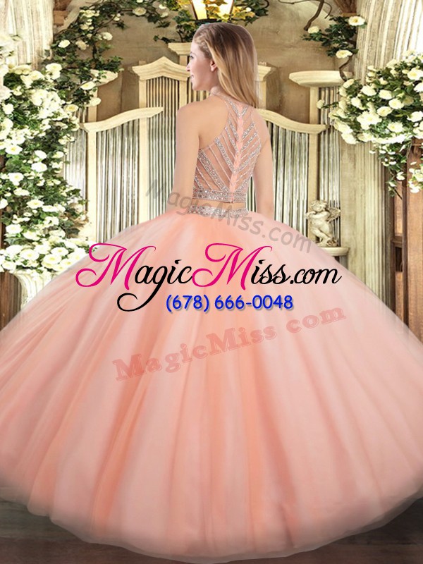 wholesale elegant sleeveless floor length beading zipper ball gown prom dress with baby pink