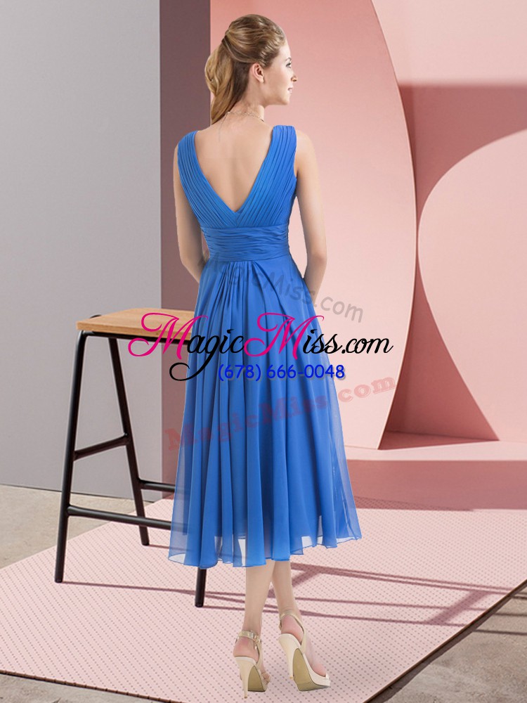 wholesale stunning v-neck sleeveless side zipper bridesmaids dress blue chiffon