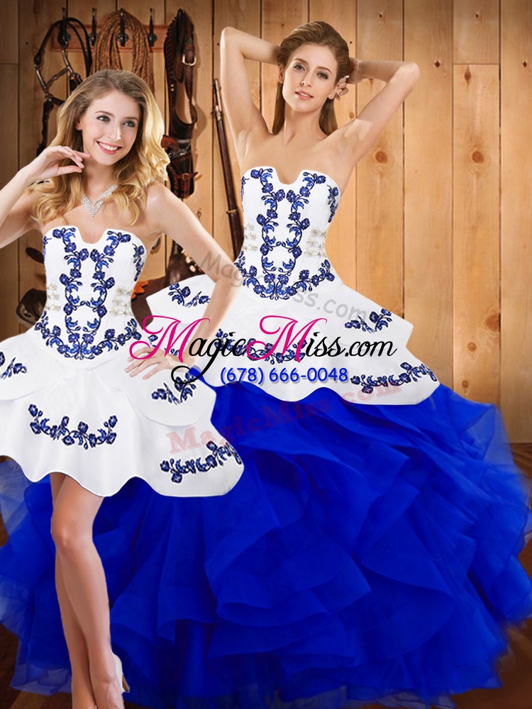 wholesale excellent blue satin and organza lace up quinceanera dress sleeveless floor length embroidery and ruffles