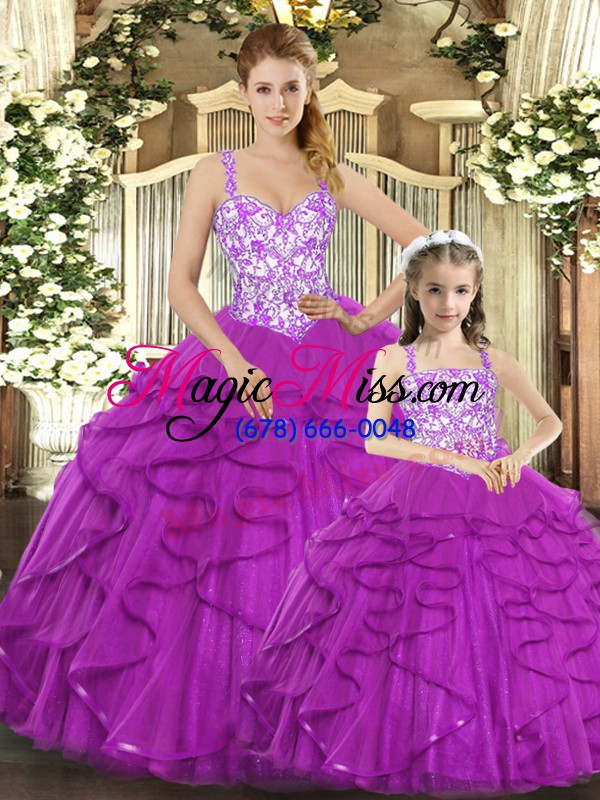 wholesale organza straps sleeveless lace up beading and ruffles ball gown prom dress in fuchsia