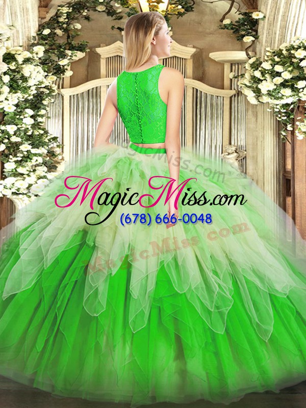 wholesale green sleeveless lace and ruffles floor length quinceanera dresses