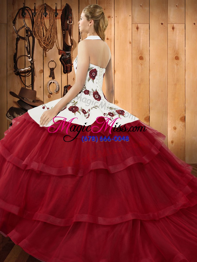 wholesale superior halter top sleeveless quinceanera dress sweep train embroidery and ruffled layers turquoise organza