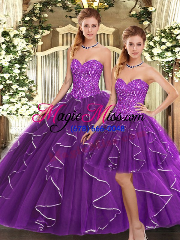 wholesale floor length lace up quinceanera gowns eggplant purple for military ball and sweet 16 and quinceanera with beading and ruffles