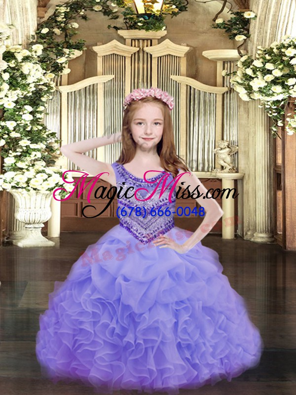 wholesale on sale lavender organza lace up scoop sleeveless floor length little girls pageant gowns beading and ruffles and pick ups