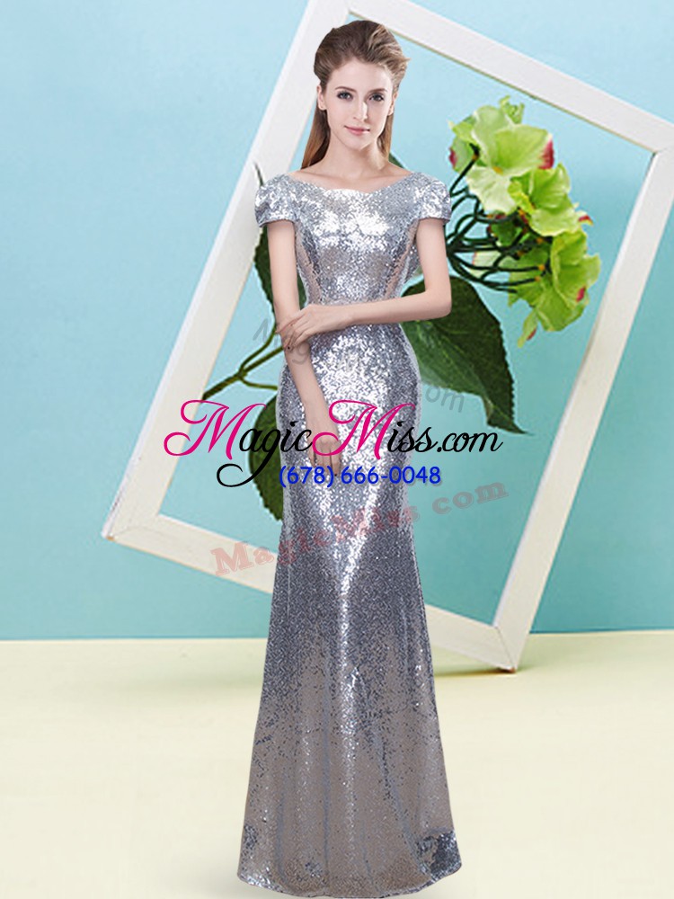 wholesale elegant scoop cap sleeves zipper dress for prom silver sequined