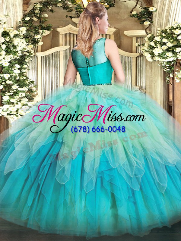 wholesale organza scoop sleeveless zipper beading and ruffles ball gown prom dress in green