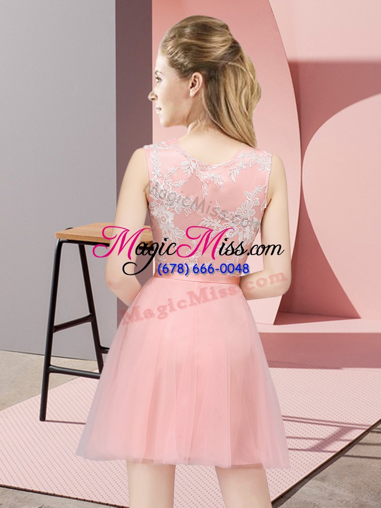 wholesale noble pink a-line scoop sleeveless tulle mini length side zipper lace bridesmaid gown
