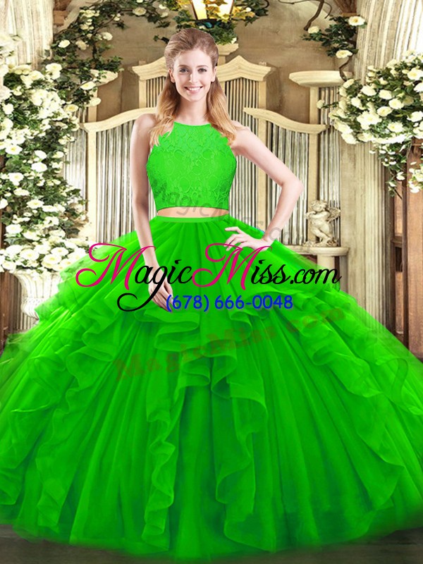 wholesale stunning sleeveless tulle floor length zipper quinceanera gown in green with ruffles