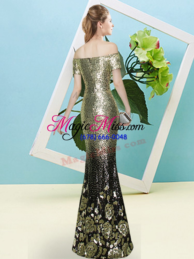 wholesale decent gold mermaid sequins prom dress zipper sequined short sleeves floor length
