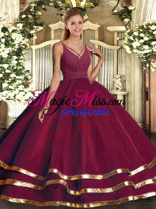 wholesale v-neck sleeveless backless 15 quinceanera dress burgundy organza