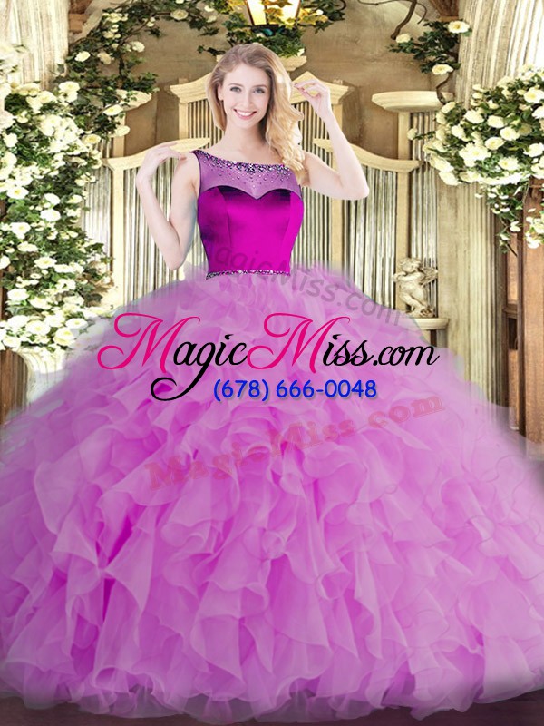 wholesale elegant scoop sleeveless quinceanera gowns floor length beading and ruffles lilac organza