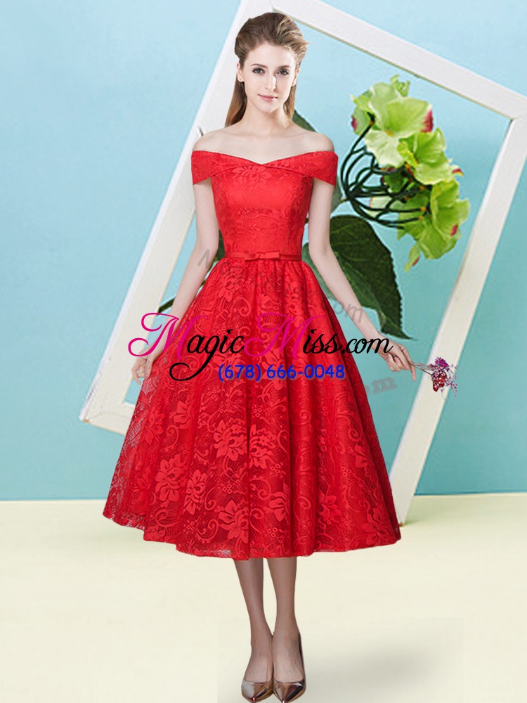 wholesale smart off the shoulder cap sleeves lace quinceanera court of honor dress bowknot lace up