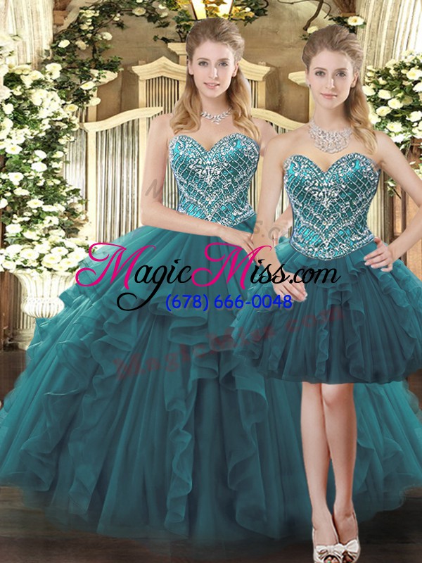 wholesale teal sweetheart lace up beading and ruffles quinceanera gown sleeveless