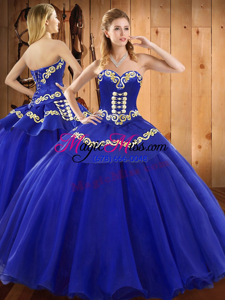 wholesale eye-catching blue ball gowns tulle sweetheart sleeveless embroidery floor length lace up sweet 16 dress