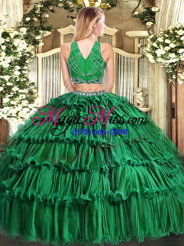 wholesale fabulous dark green sleeveless floor length beading and appliques and ruffled layers zipper 15th birthday dress