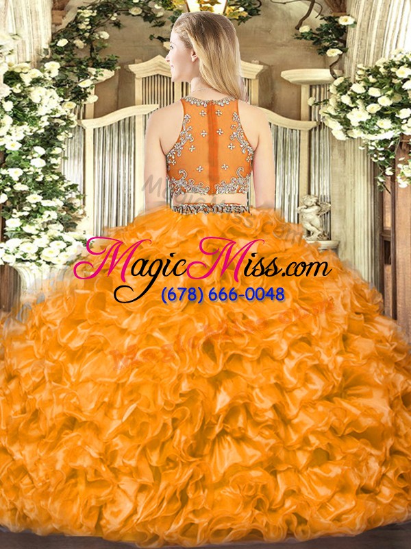 wholesale trendy orange red sleeveless floor length beading and ruffles zipper quinceanera gowns