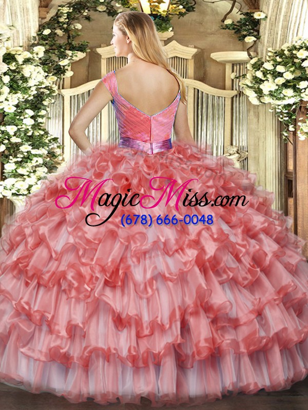 wholesale flare organza v-neck sleeveless zipper ruffled layers ball gown prom dress in watermelon red