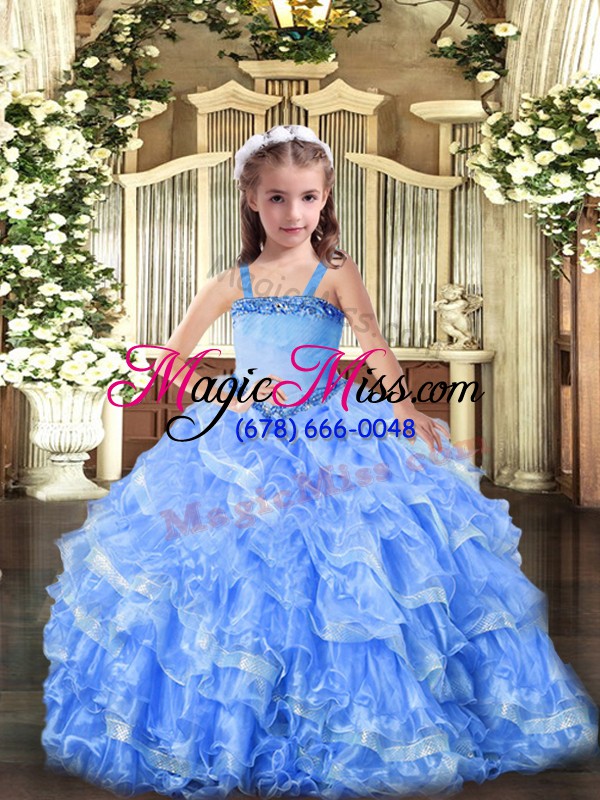 wholesale straps sleeveless lace up kids pageant dress baby blue organza