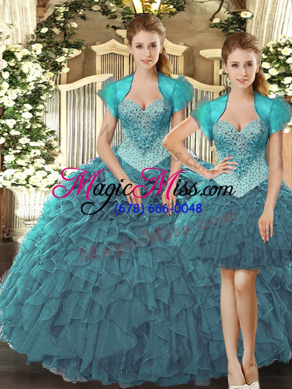 wholesale straps sleeveless tulle quince ball gowns beading and ruffles lace up