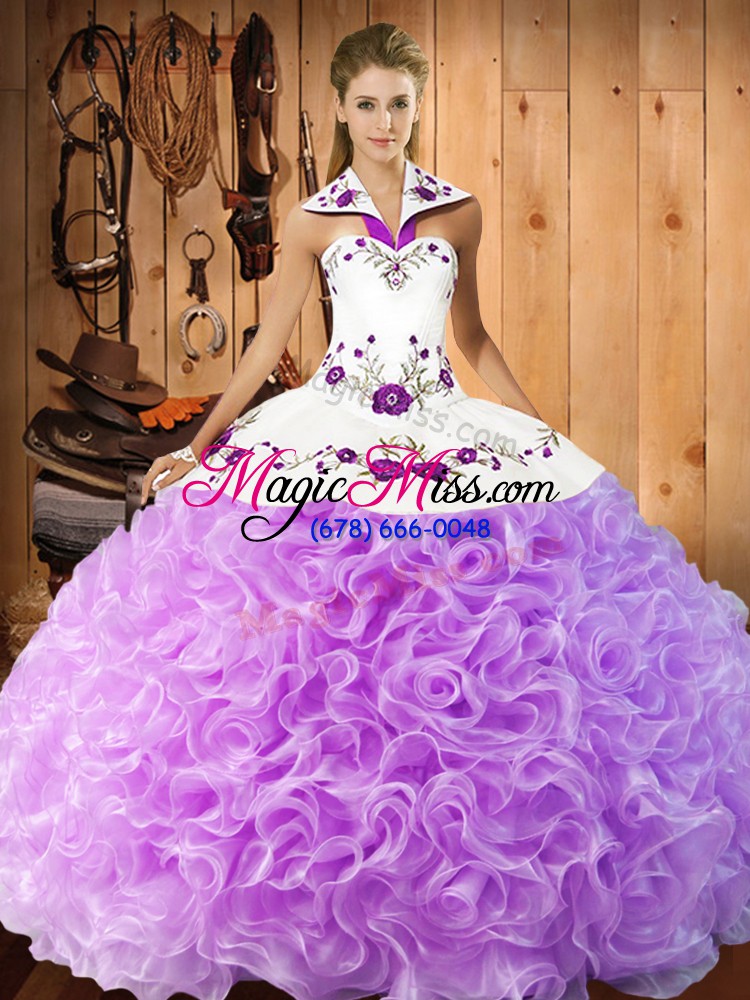 wholesale lilac ball gowns embroidery quince ball gowns lace up fabric with rolling flowers sleeveless floor length