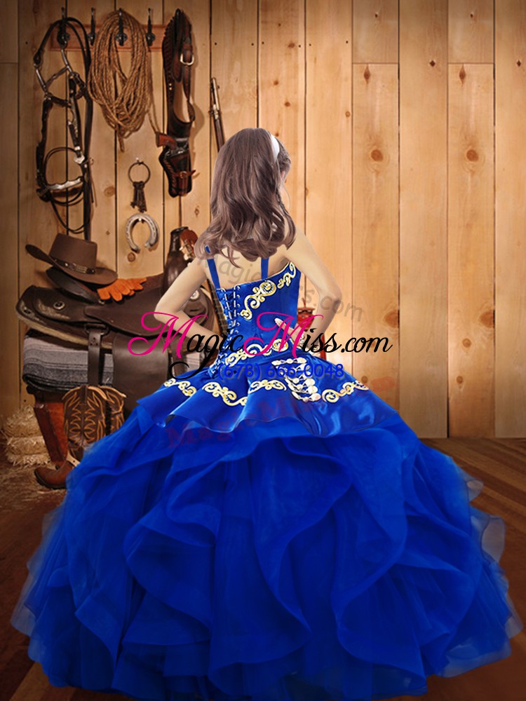 wholesale green organza lace up straps sleeveless floor length pageant gowns for girls embroidery and ruffles