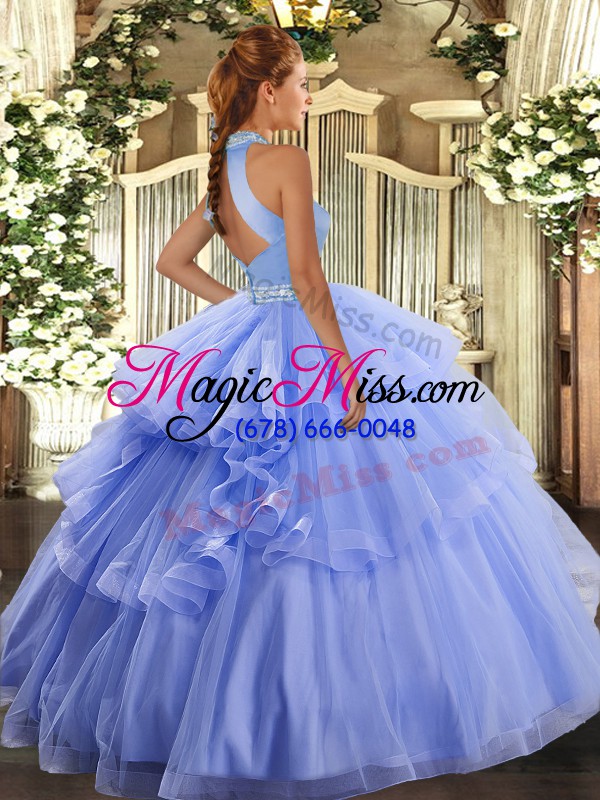 wholesale adorable rose pink ball gowns halter top sleeveless tulle floor length backless beading and ruffles ball gown prom dress