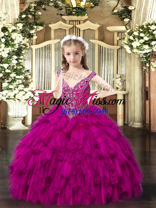 wholesale fuchsia sleeveless floor length beading and ruffles lace up little girl pageant dress