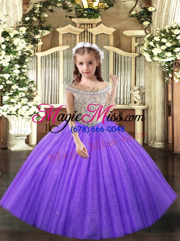 wholesale tulle straps sleeveless lace up beading pageant dress for teens in lavender