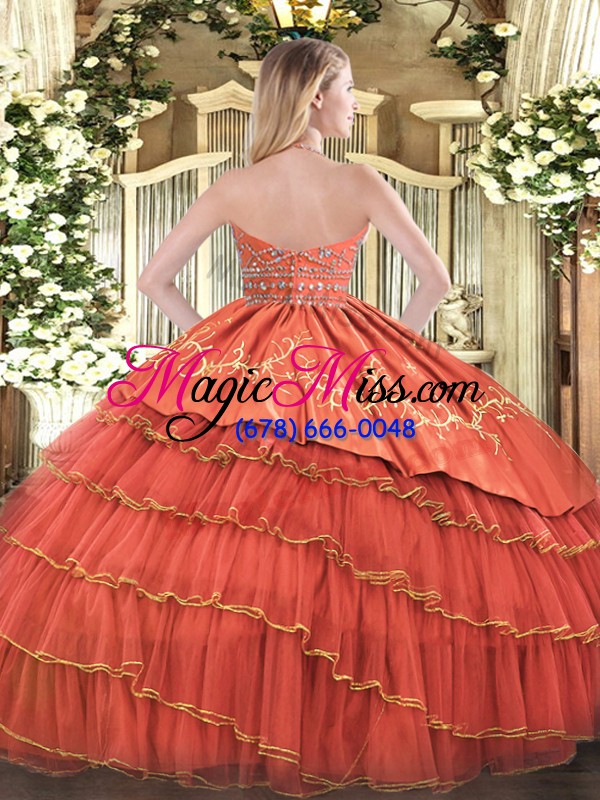 wholesale hot pink ball gowns satin and tulle halter top sleeveless beading and embroidery and ruffled layers floor length zipper 15th birthday dress