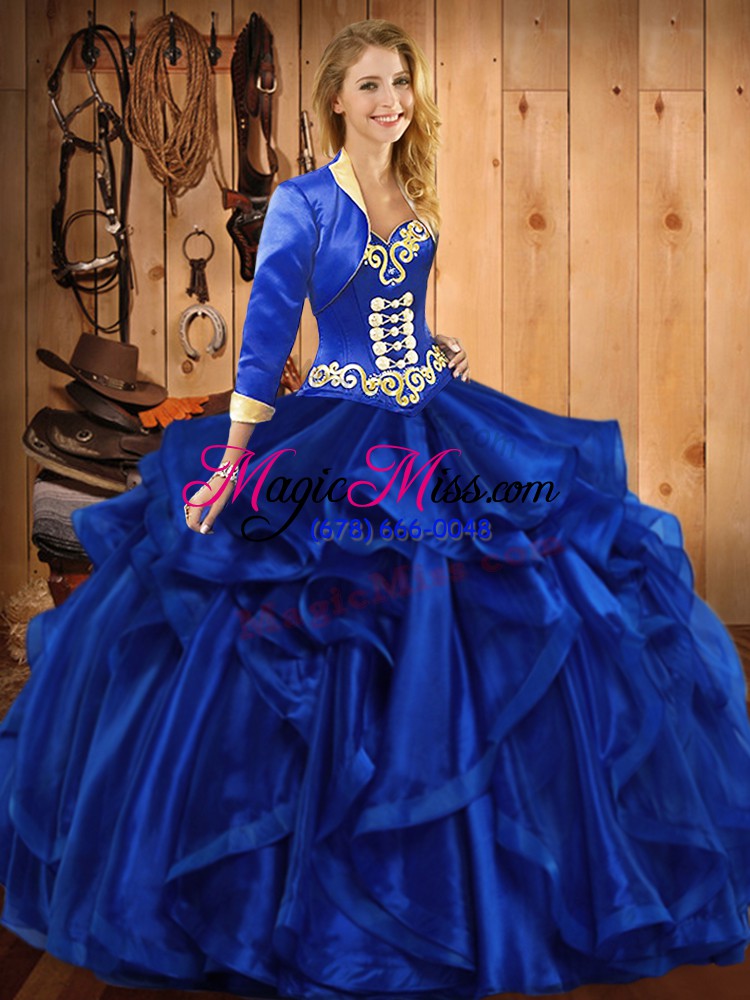 wholesale attractive royal blue organza lace up sweetheart sleeveless floor length quince ball gowns embroidery and ruffles