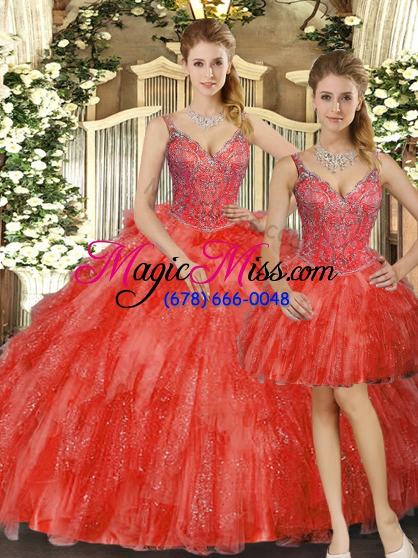 wholesale red three pieces beading and ruffles ball gown prom dress lace up organza sleeveless floor length