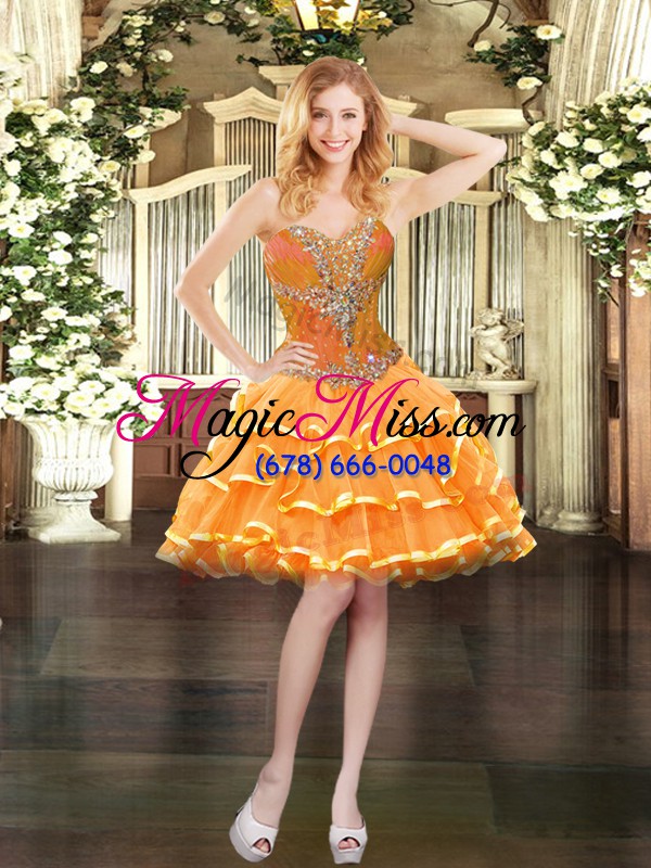 wholesale fashionable orange red organza lace up sweet 16 dress sleeveless floor length beading and ruffled layers