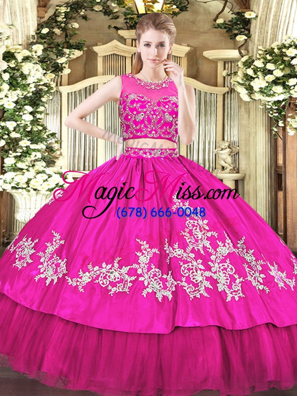 wholesale hot pink tulle zipper scoop sleeveless floor length sweet 16 dresses beading and appliques